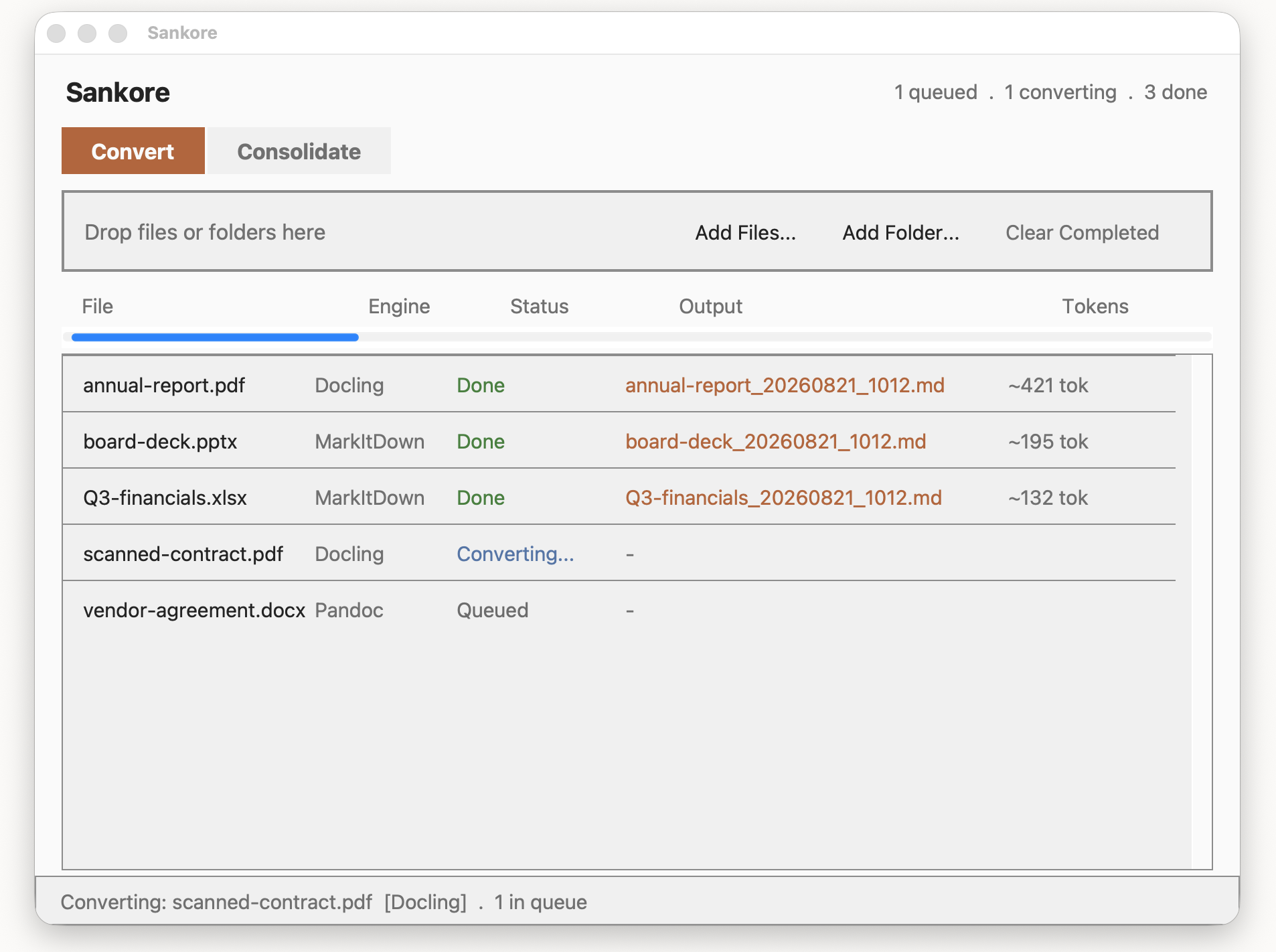 Sankore's Convert tab, showing annual-report.pdf converted to Markdown with an estimated token count